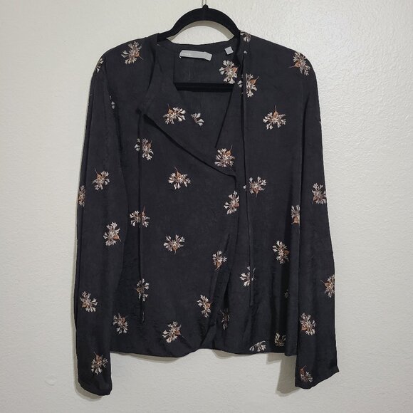 Vince Tossed Bouquet Floral Tie-neck Crinkled Black Blouse Small - Picture 2 of 12